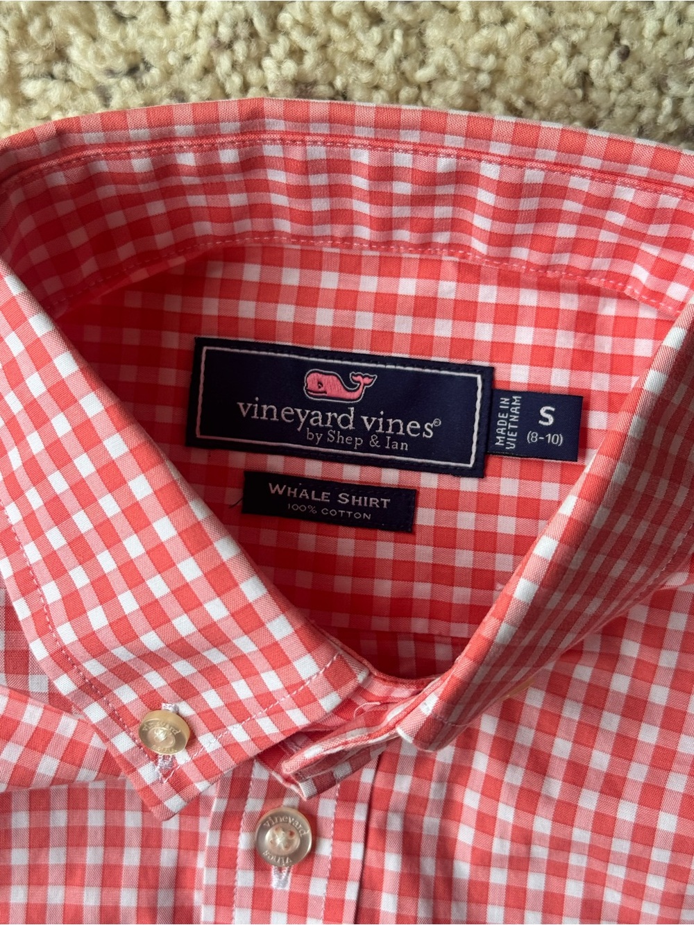 Vineyard Vines boys peach and white  Plaid Whale Shirt - Small